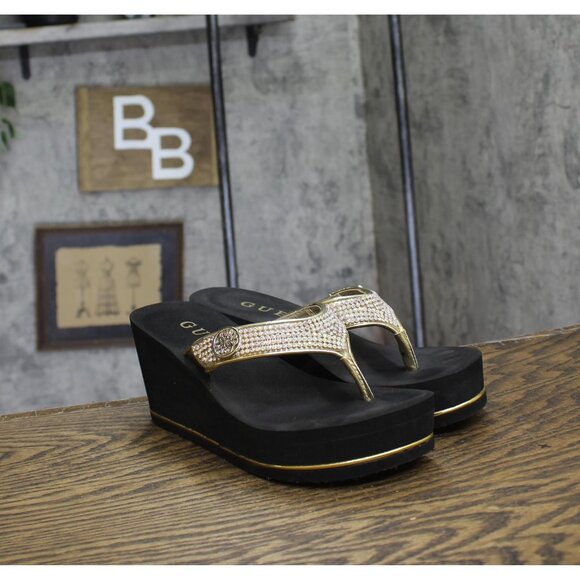 Guess Womens Platform Sandal Sarraly Flip-Flop GWSARRALY4 Gold / Black 7M - Picture 1 of 11